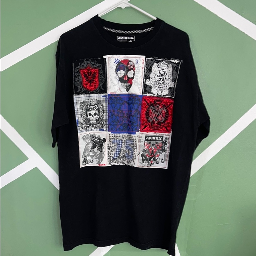 Vintage Avirex Embroidered‎ Skull Patchwork T-Shirt Black Y2K Heavyweight-L